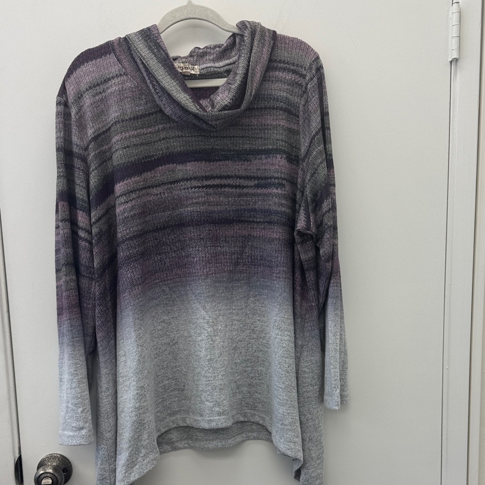 ONE WORLD Striped Purple and Gray Cowl Neck Sweater